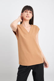 Passionate-V-neck drop shoulder top - Beige Brown