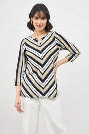 Savvy Top Striped Split Neckline Top - Multicolor