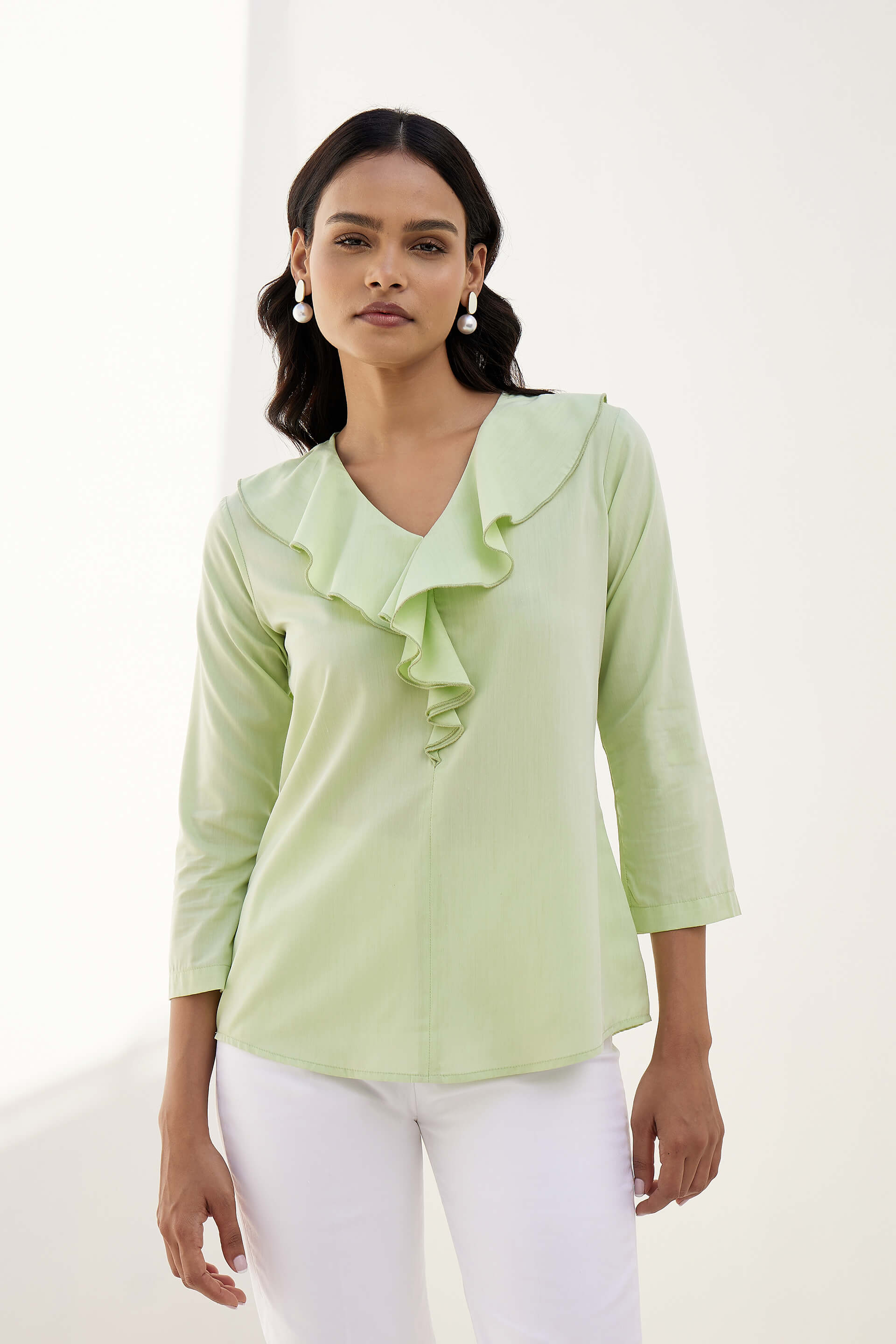 Buy Tinker Ruffled Neckline Top - Fresh Green Color | Tops for Women ...