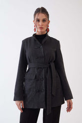 Elvira Belted Button Embellished Blazer - Grey