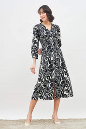 Mirage Printed Faux Button Midi Dress - Black/White