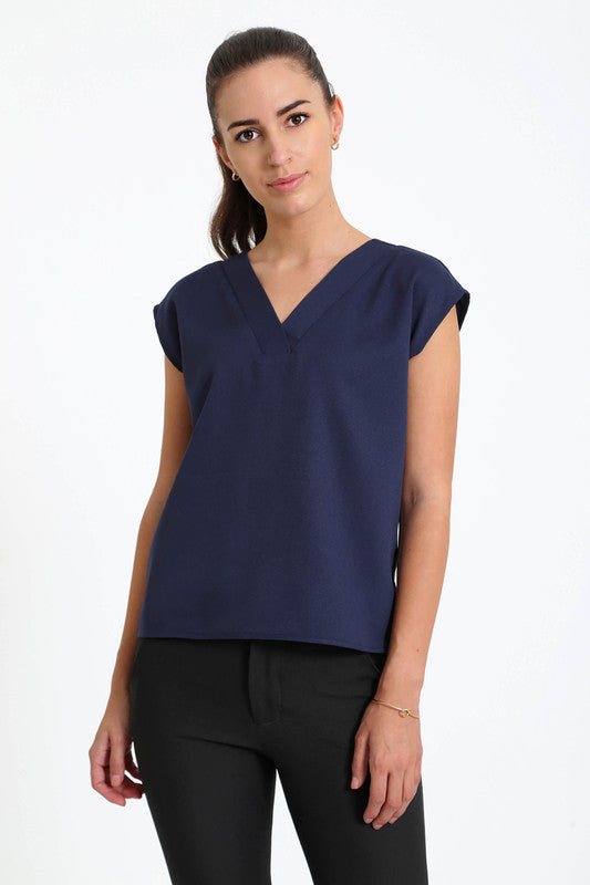 Passionate V - Neck Drop Shoulder Top - Navy