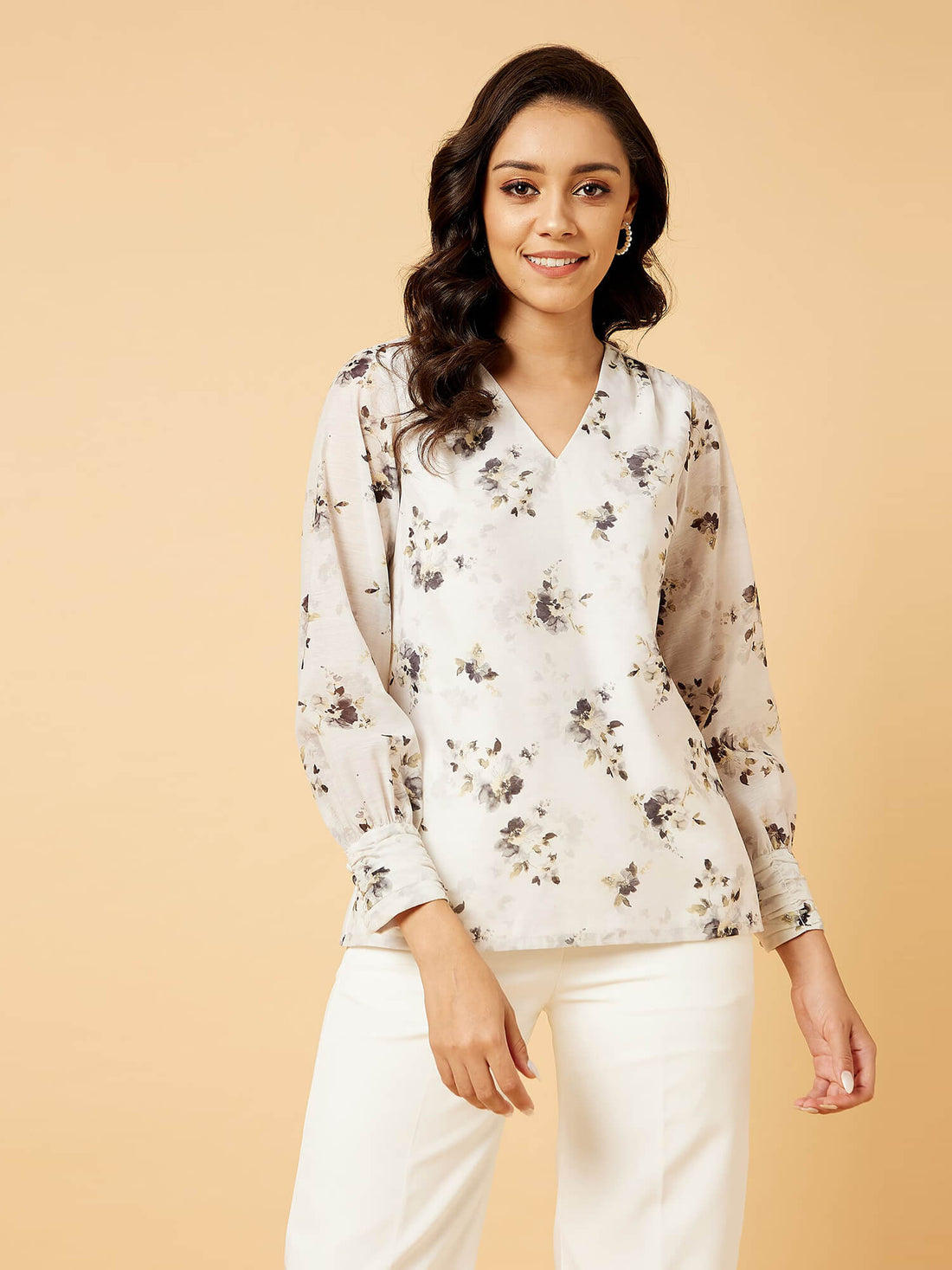 Gulbahaar Floral Ruched Cuff Top - Off-White