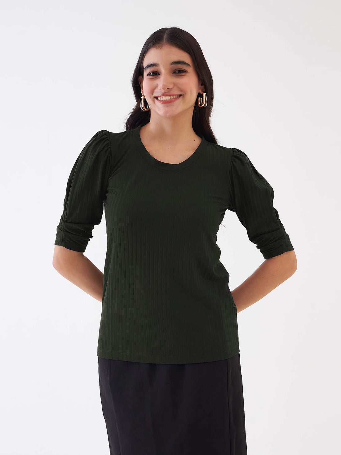 Hallie Rib Knit Puffed Sleeves Top - Olive Green