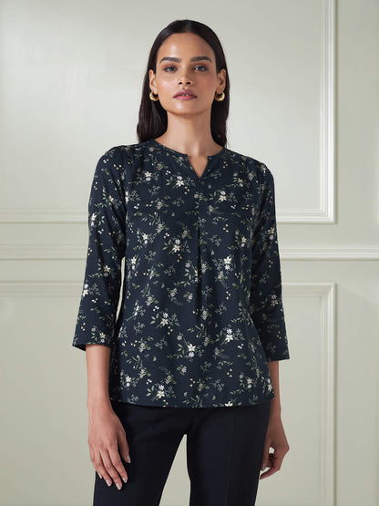 Jasper Floral High-Low Pleated Top - Black