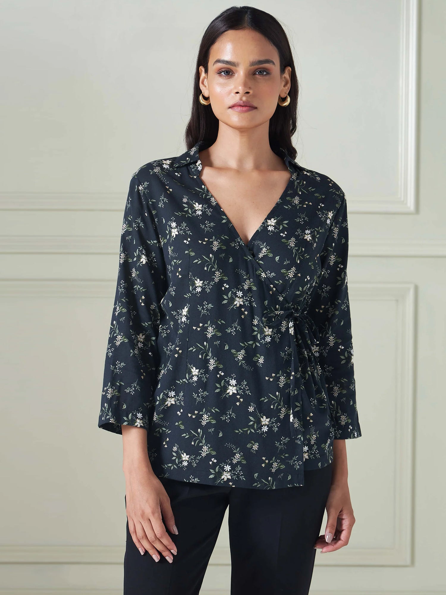 Jasper Floral Wrap Top - Black