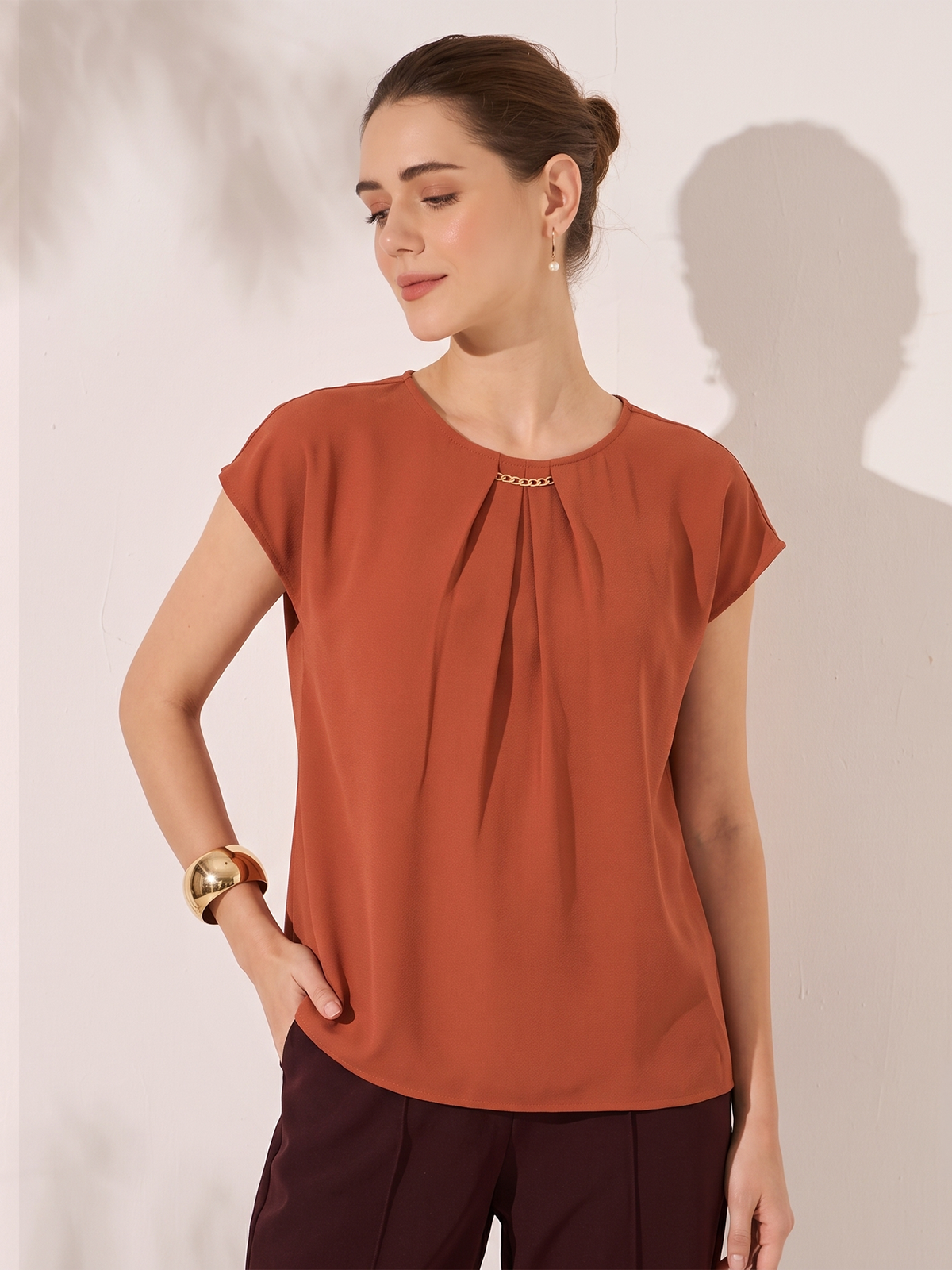 Jemma Centre Front Pleated Drop Shoulder Top-Burnt Orange