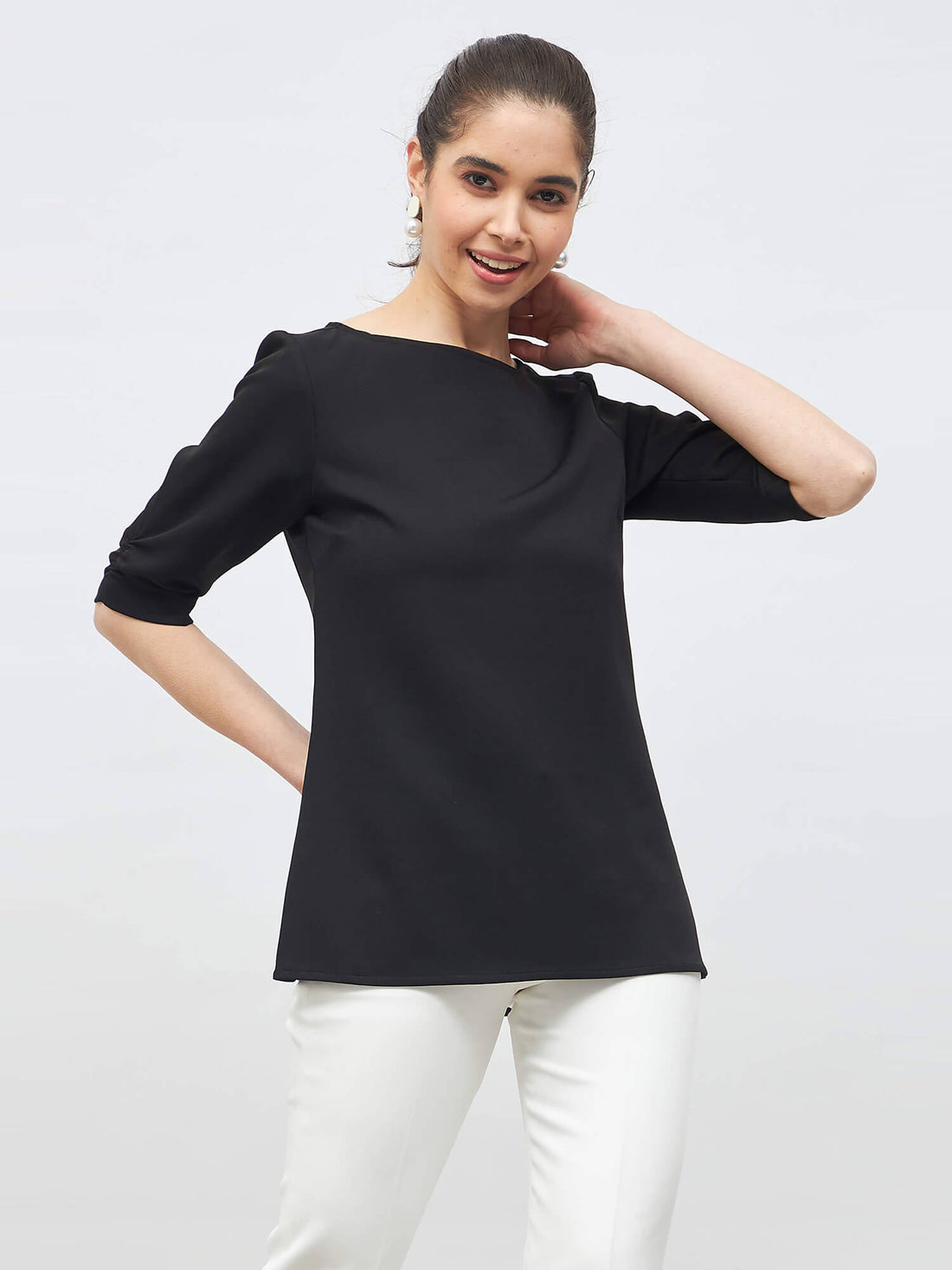 Judicious Ruched Sleeve Top - Black