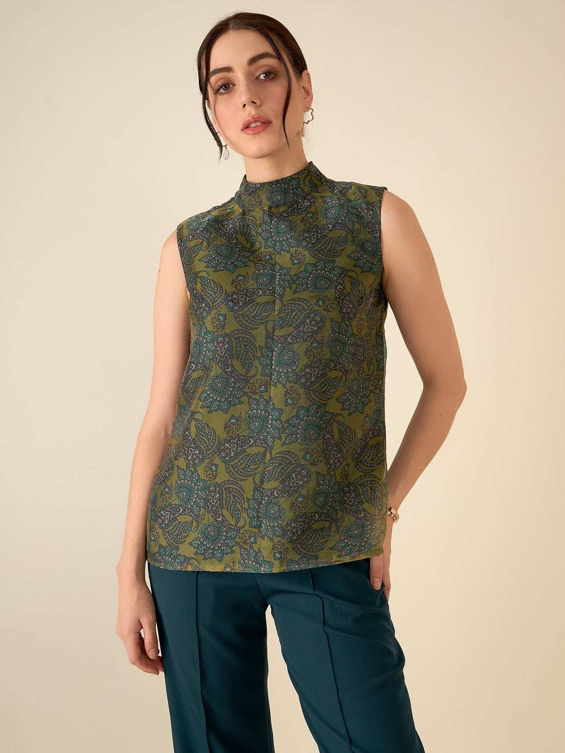 Kaeri Paisley High Neck Top - Mustard &amp; Green