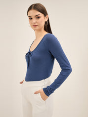 Kira Faux Tie Up Rib Knit Top - Blue