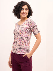 Leisure Floral Ruched Sleeves T-Shirt - Multicolor
