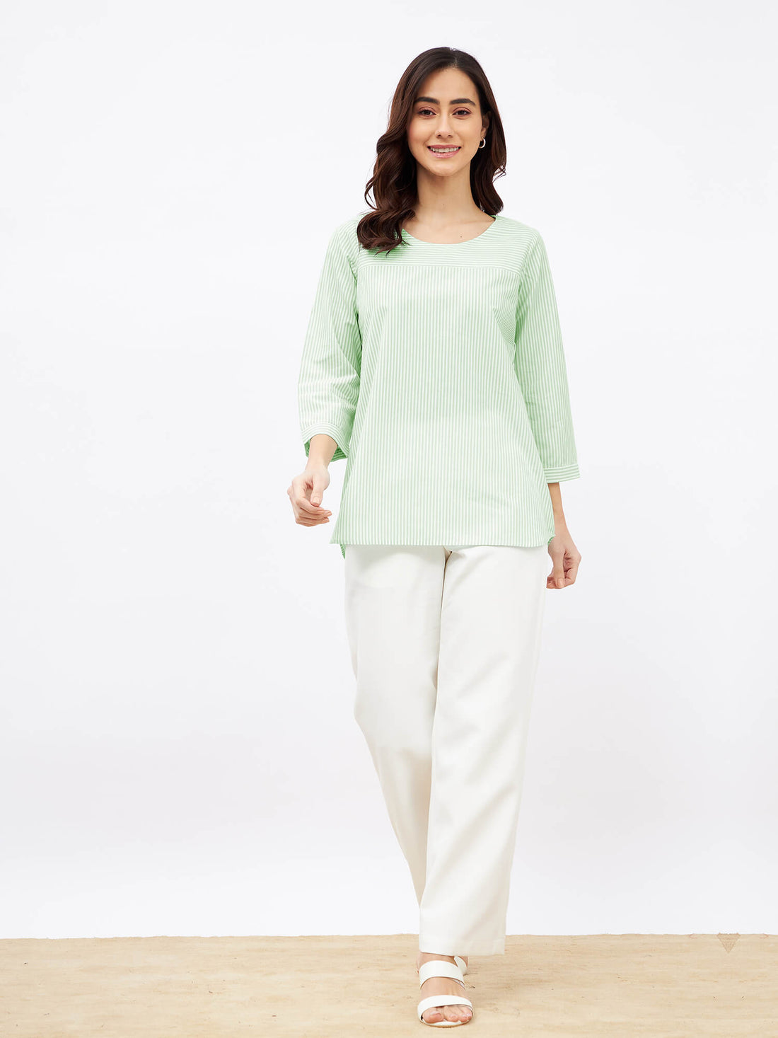 Lily Pad Top with Stripe Placement Detail at Yoke - Mint Green