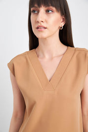 Passionate-V-neck drop shoulder top - Beige Brown