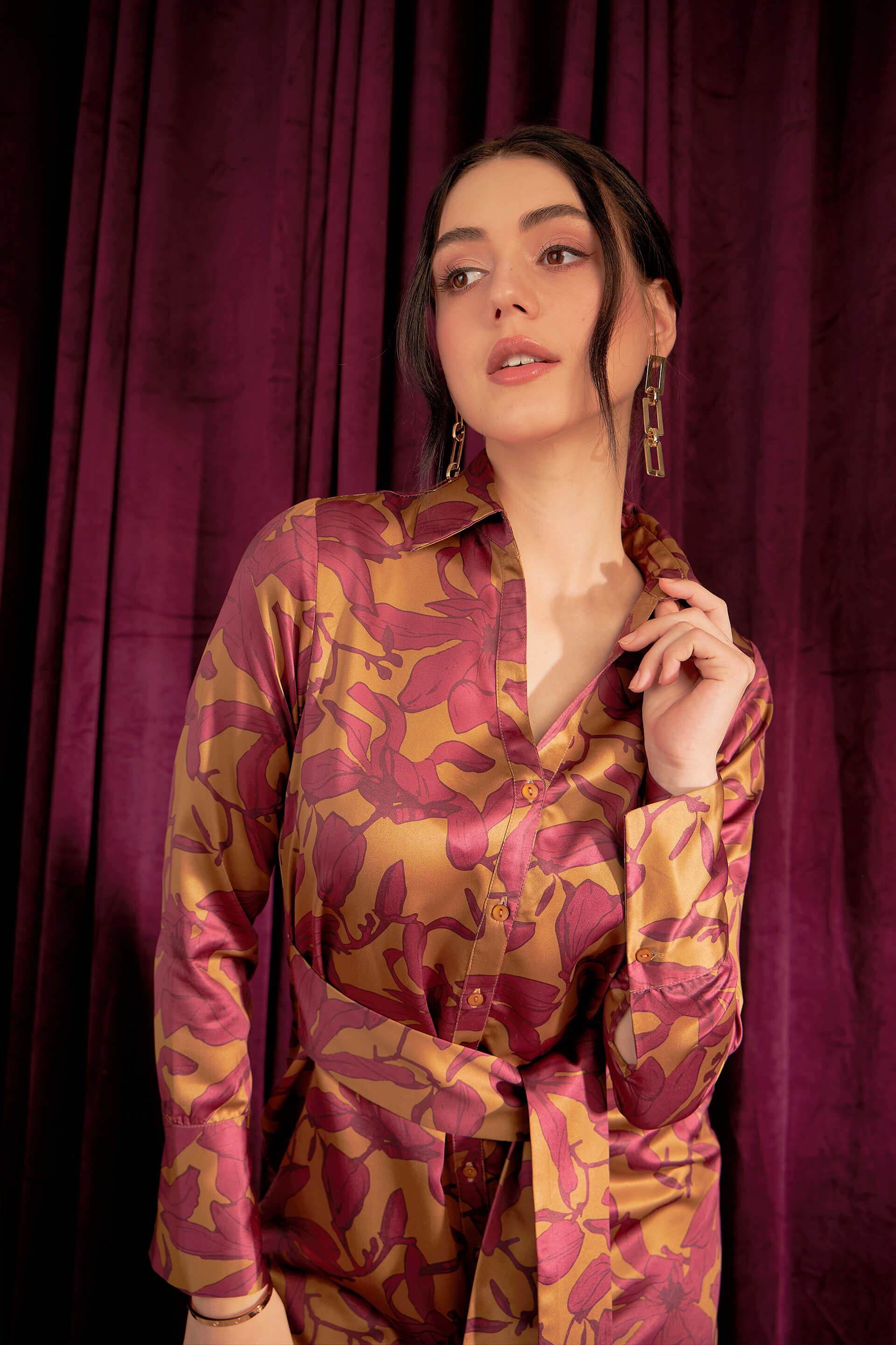 Lorelei Floral Shirt Dress - Mustard/Burgundy