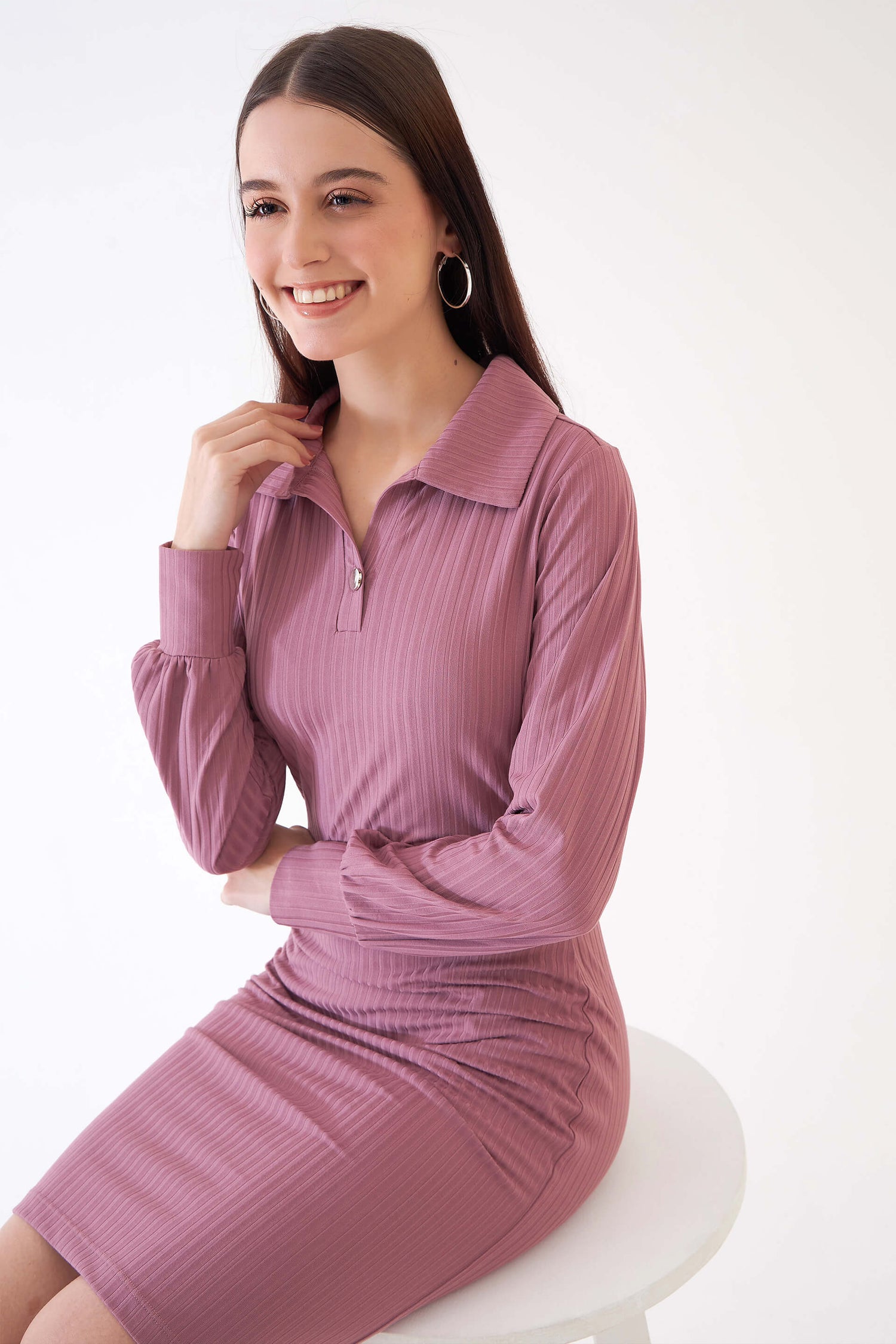 Elsie Collared Rib Knit Dress - Dusty Pink