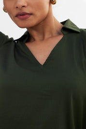 Allure-Olive Green Collared Long Top - Olive