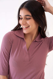 Woody-Dusty Pink Collared Rib Knit Top - Dusty Pink