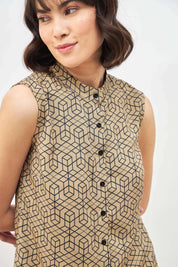 Salient Beige Shirt Geometric Mandarin Collar Shirt - Beige