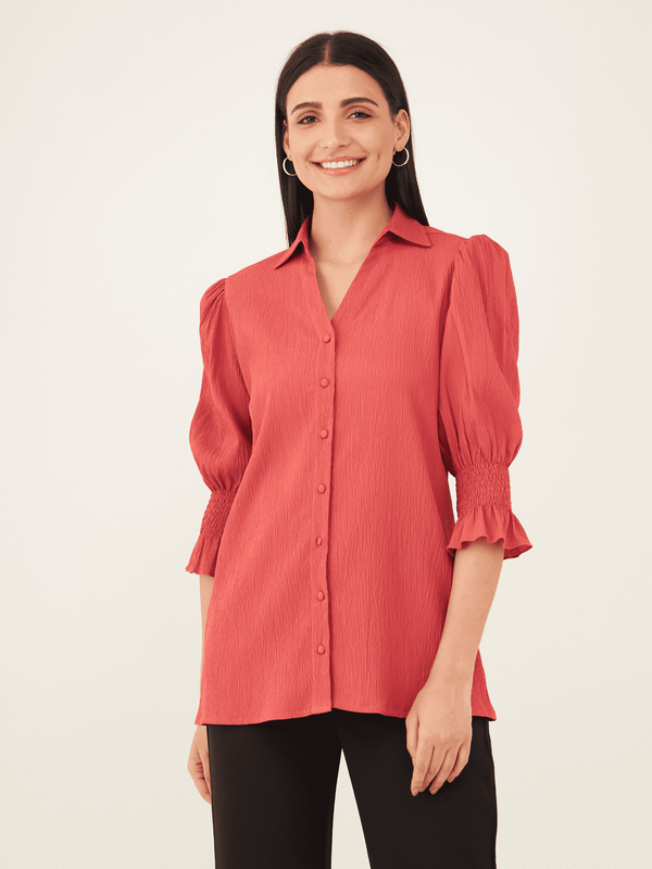 Malaga Plisse Button Down Tunic - Dark Peach