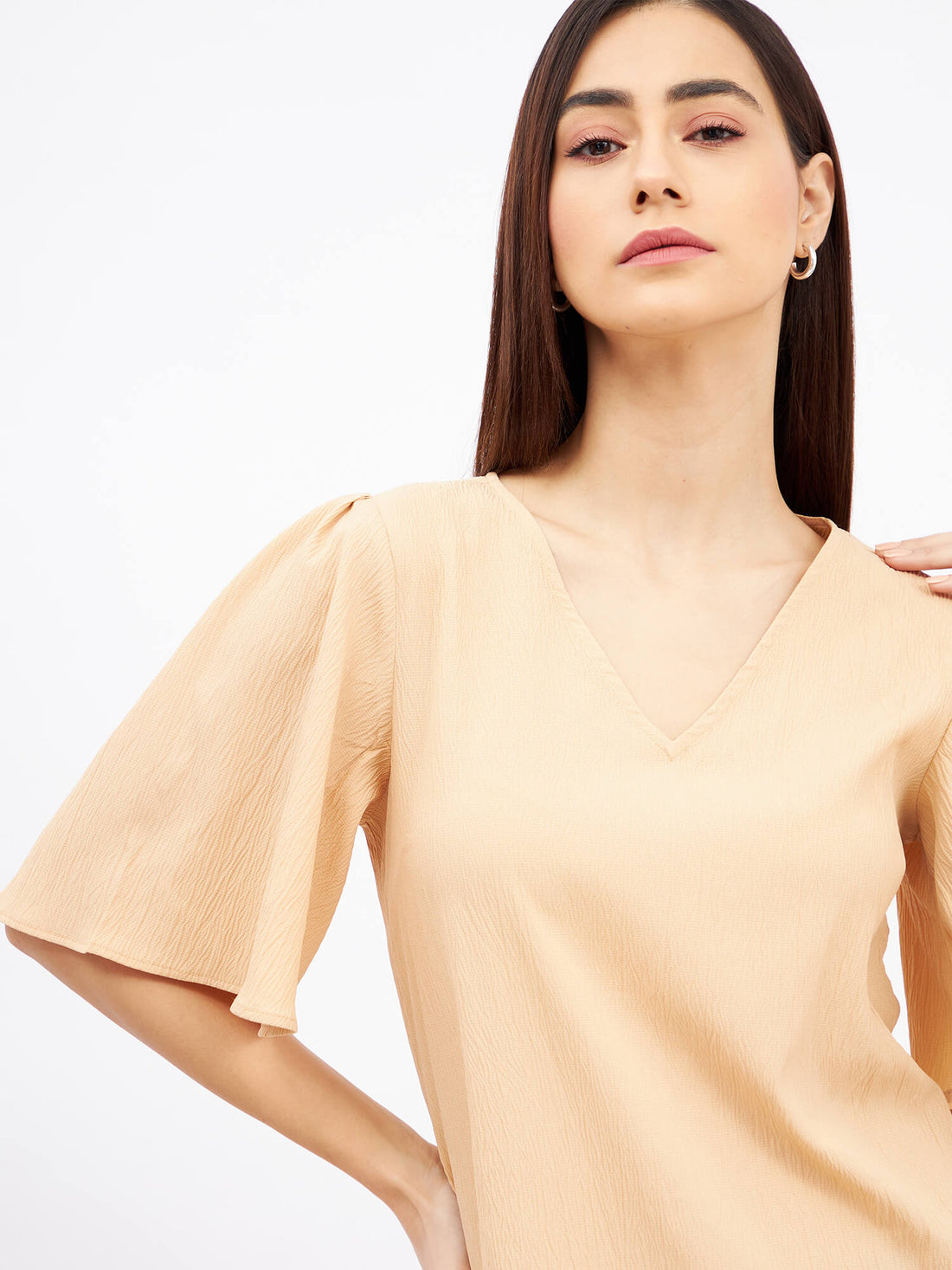 Mandarin Margarita Flutter Sleeves Top - Beige