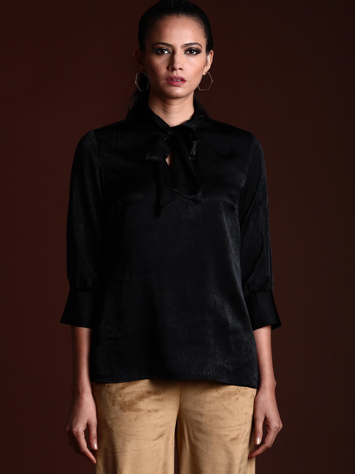 Midnight Satin Dressy/Formal Satin Tie-Up Top - Black - SALT Attire