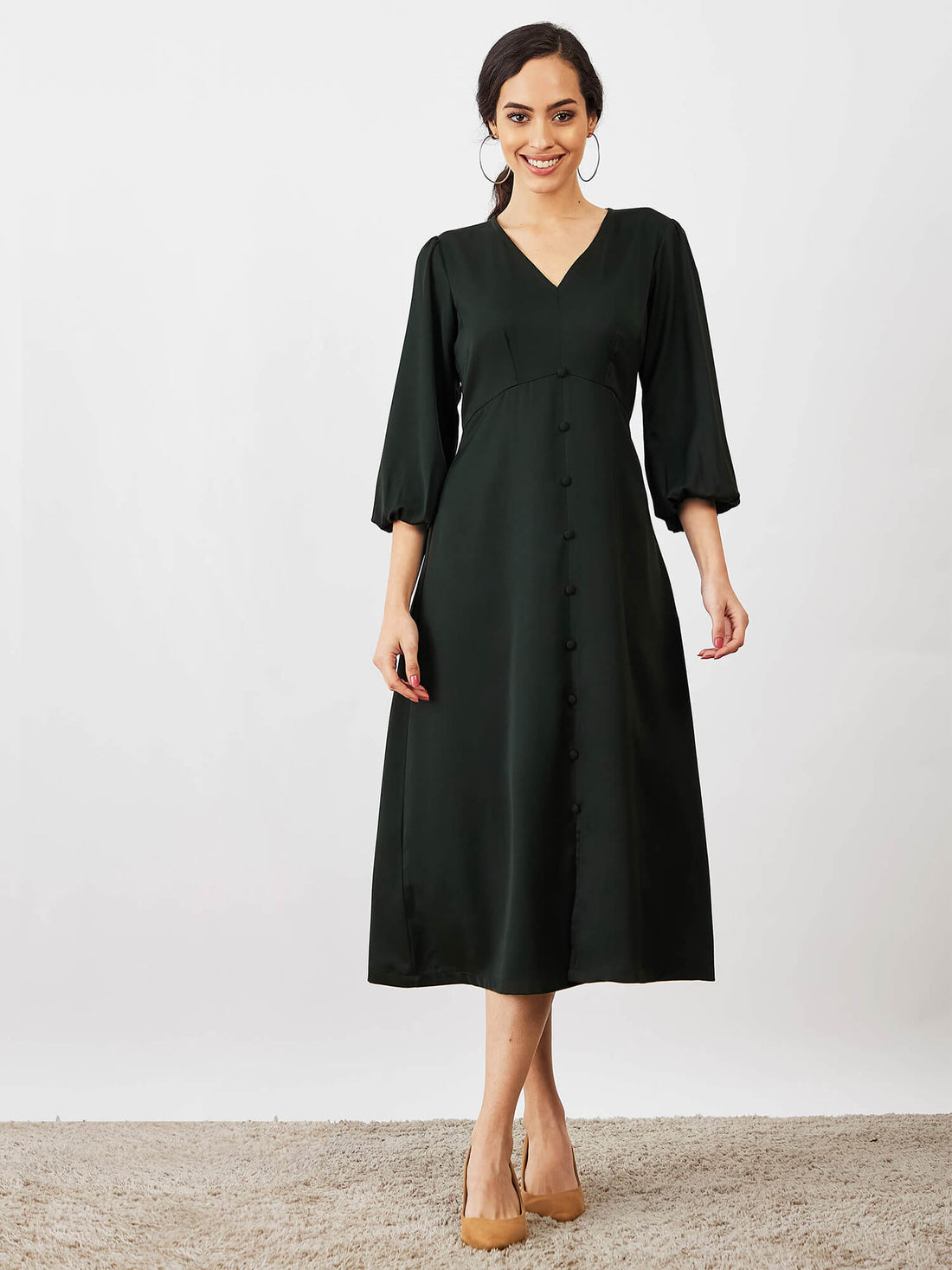 Mintini Faux Button Midi Dress - Olive Green