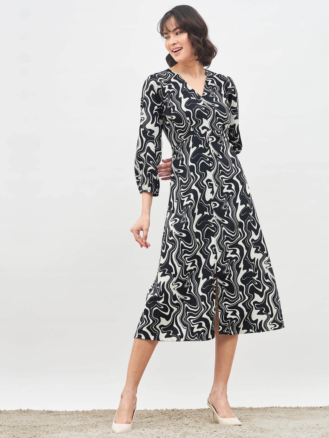 Mirage Printed Faux Button Midi Dress - Black/White