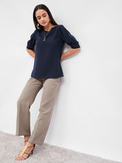 Mocha Pleated Sleeve Top - Navy