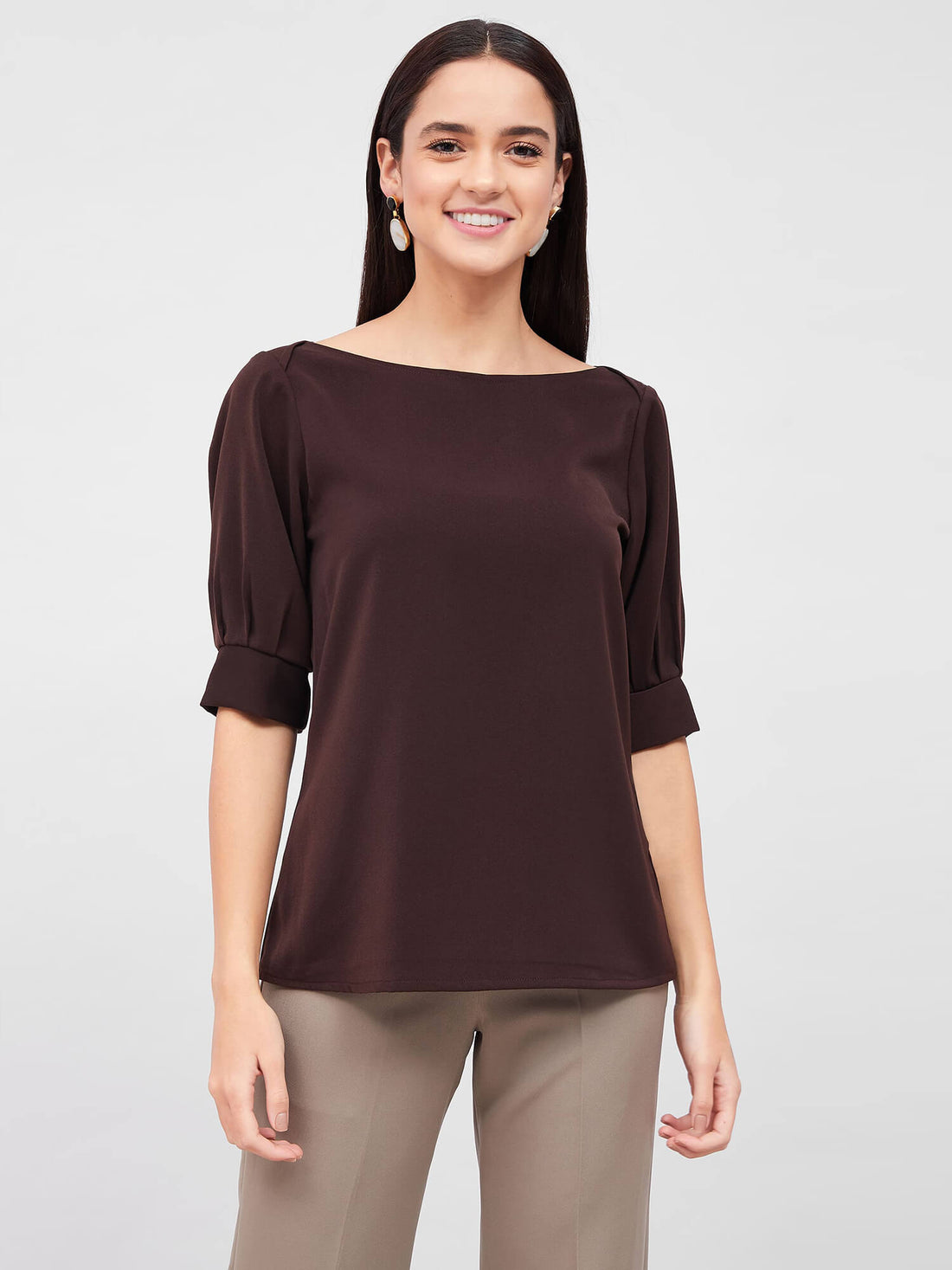 Mocha Pleated Sleeve Top - Brown