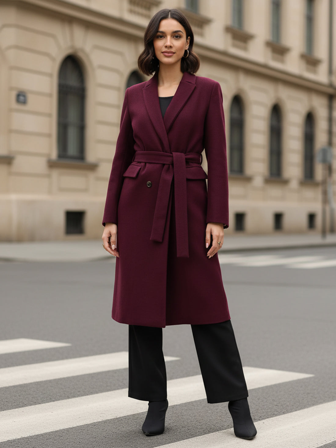 Nevara Double Breasted Longline Belted Coat - Wine
