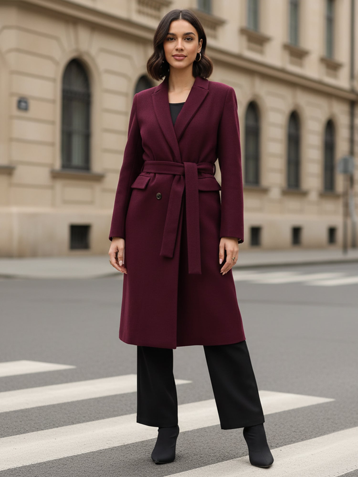 Nevara Double Breasted Longline Belted Coat - Wine