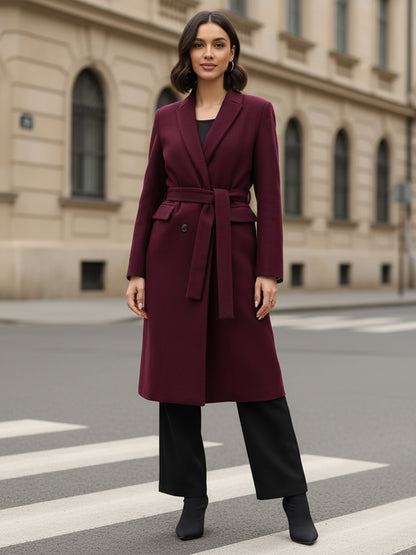 Nevara Double Breasted Longline Belted Coat - Wine