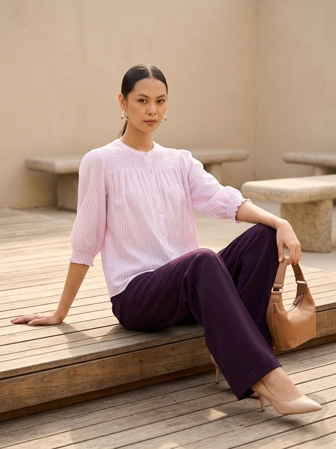 Omira Smocking Detail Top-Pink &amp; White