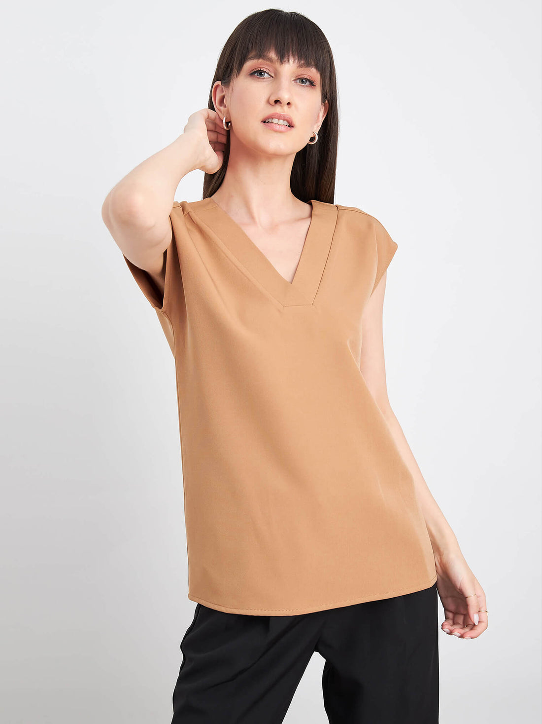 Passionate-V-neck drop shoulder top - Beige Brown