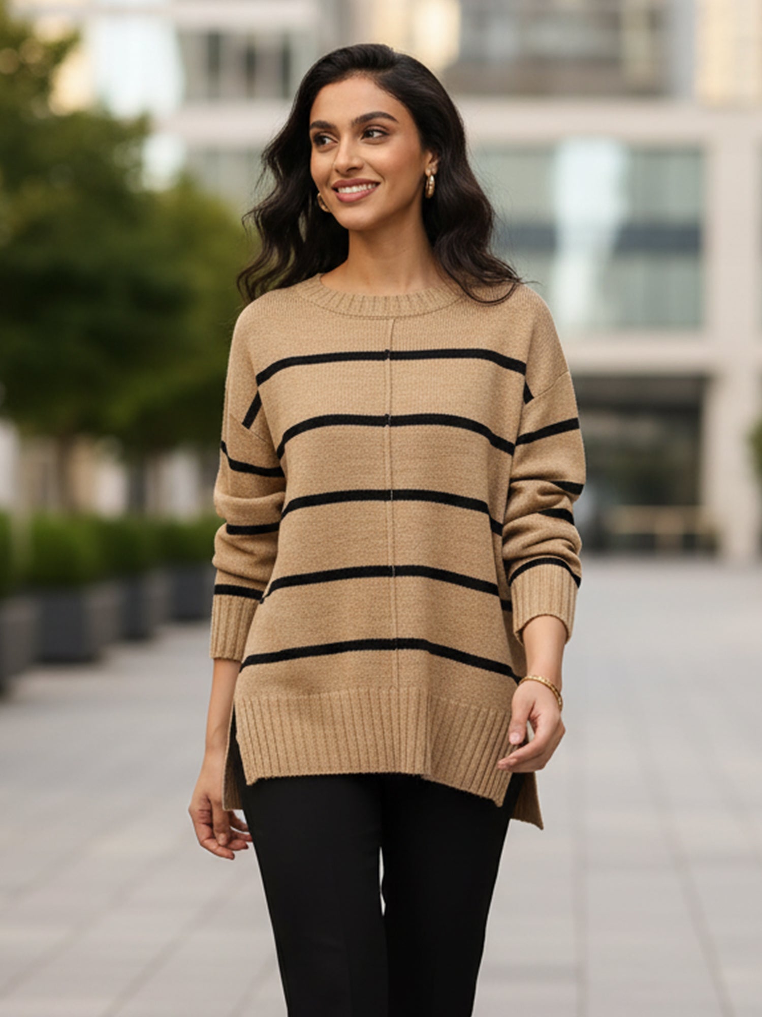 Penelope Striped Knit Sweater - Beige &amp; Black