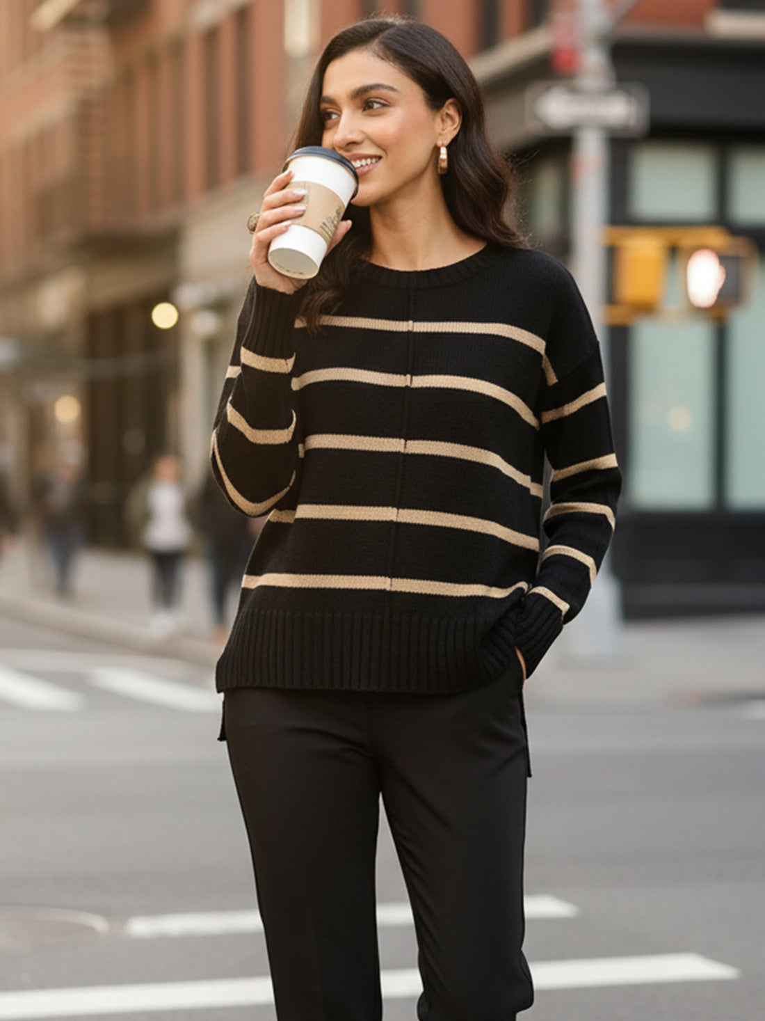 Penelope Striped Knit Sweater - Black &amp; Beige