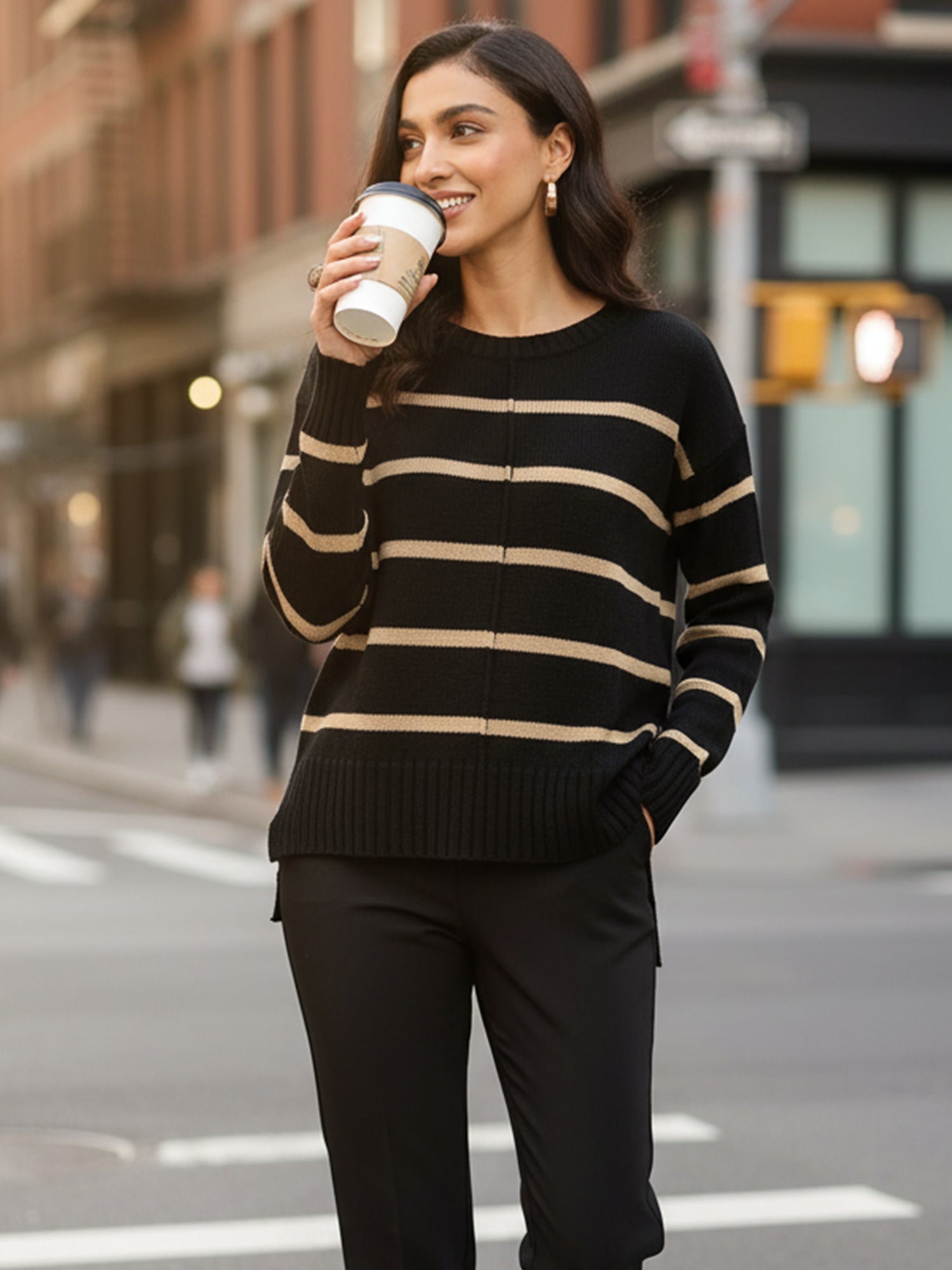 Penelope Striped Knit Sweater - Black &amp; Beige