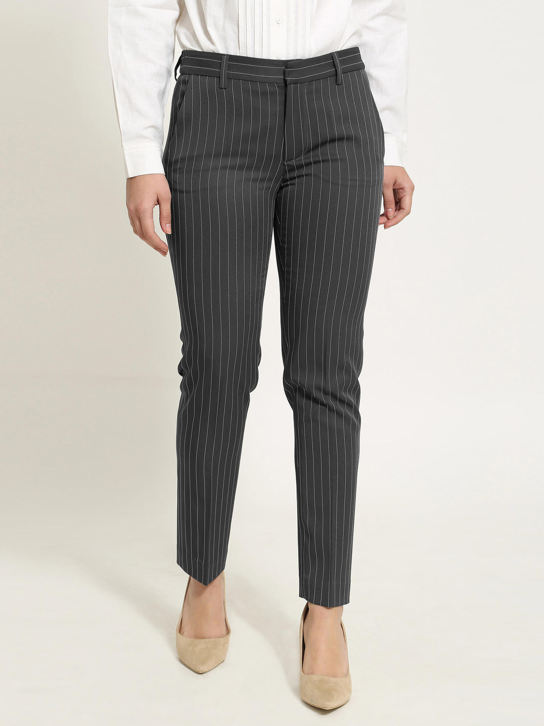 Pewter Cigarette Fit Pants - Black striped