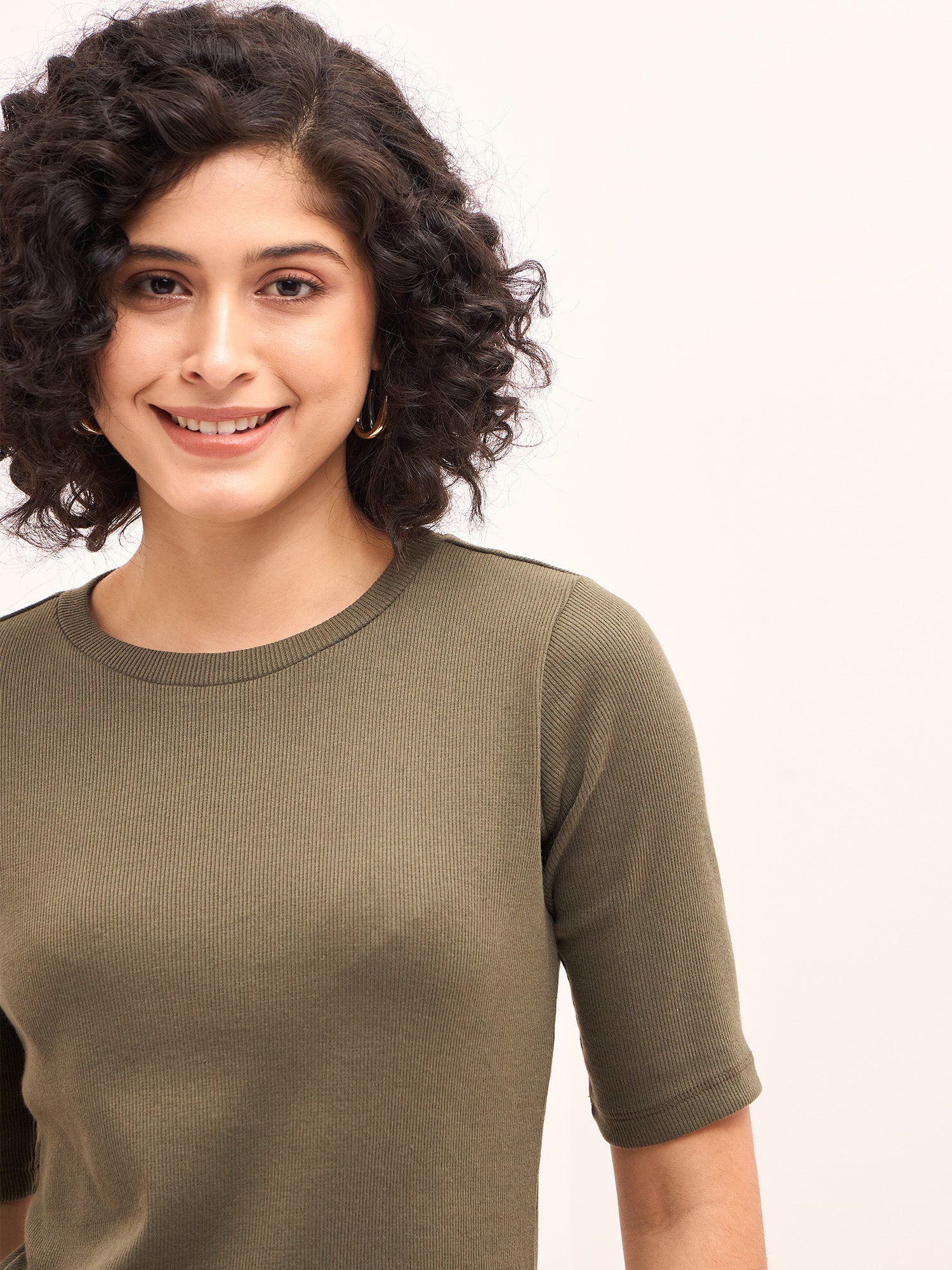 Plush Round Neck T-Shirt - Olive Green