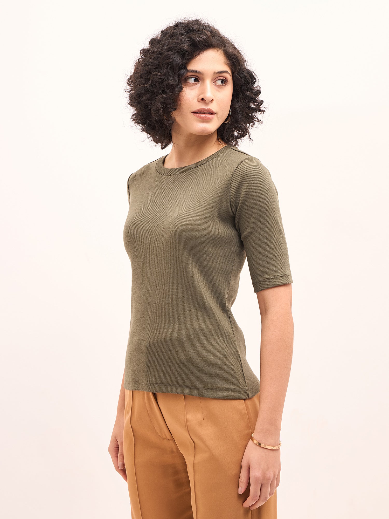 Plush Round Neck T-Shirt - Olive Green