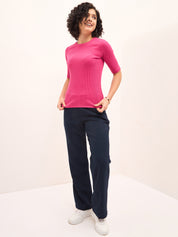 Plush Round Neck T-Shirt - Pink