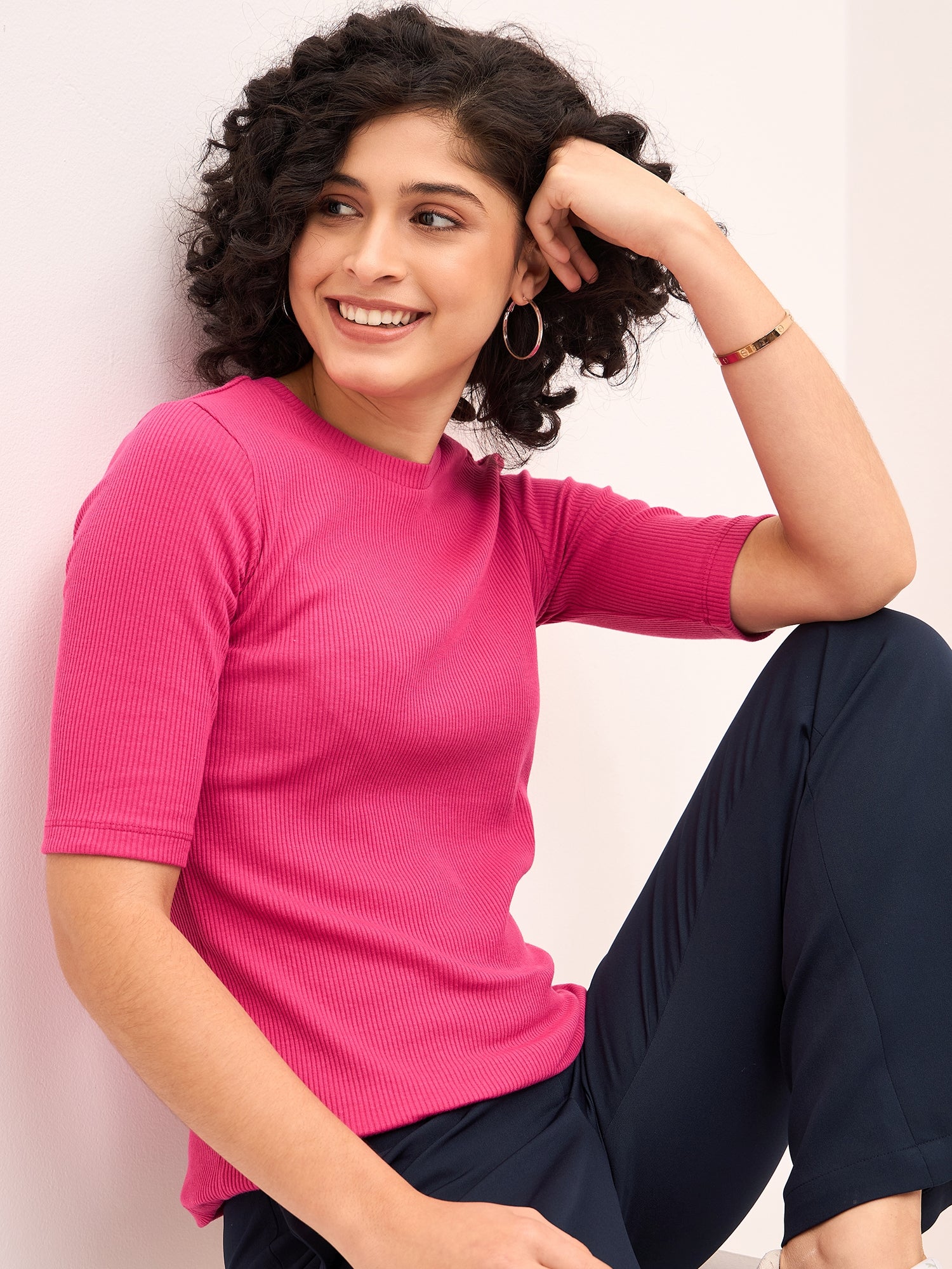 Plush Round Neck T-Shirt - Pink