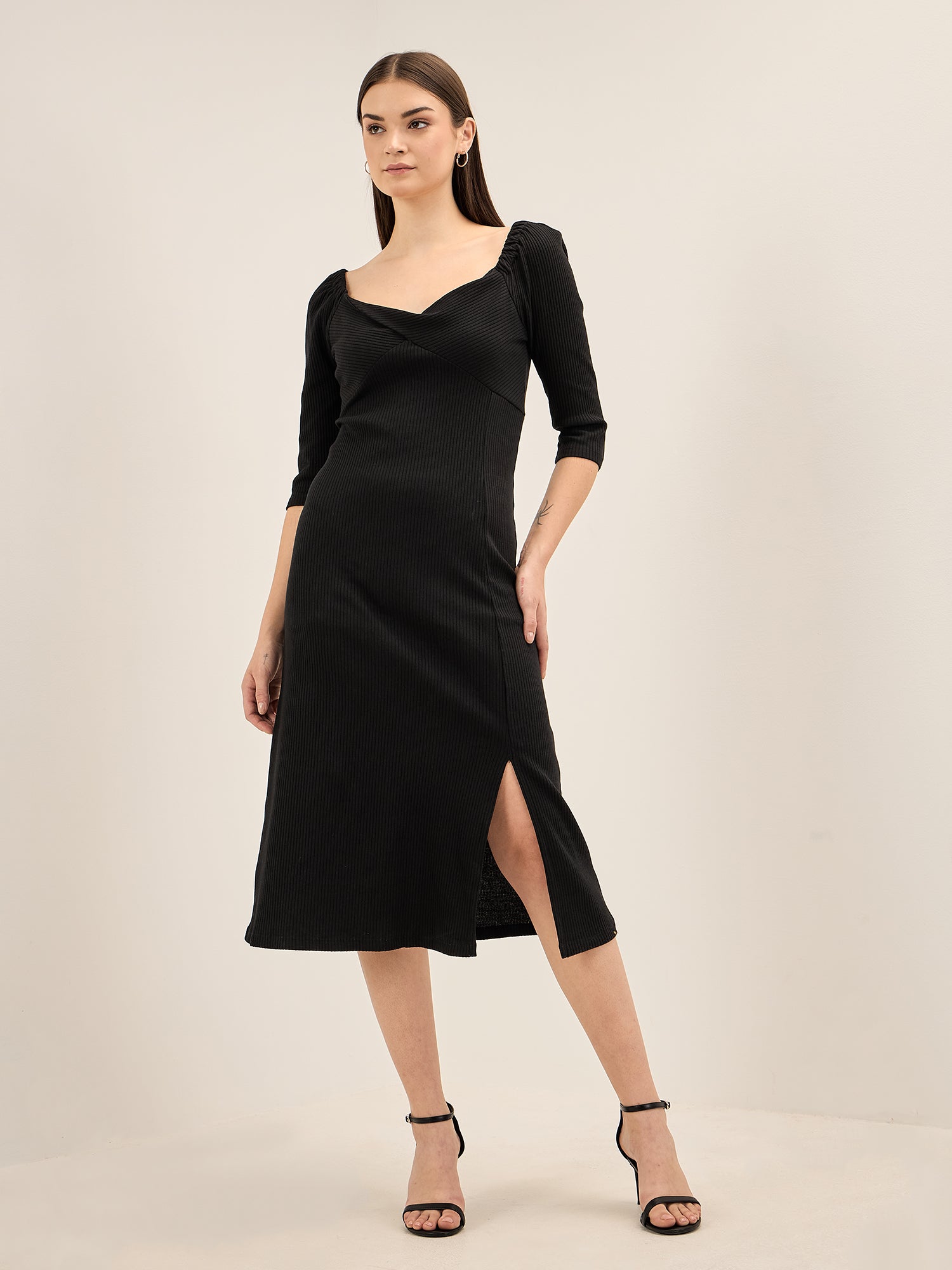 Ramona Twisted Front Rib Knit Dress - Black