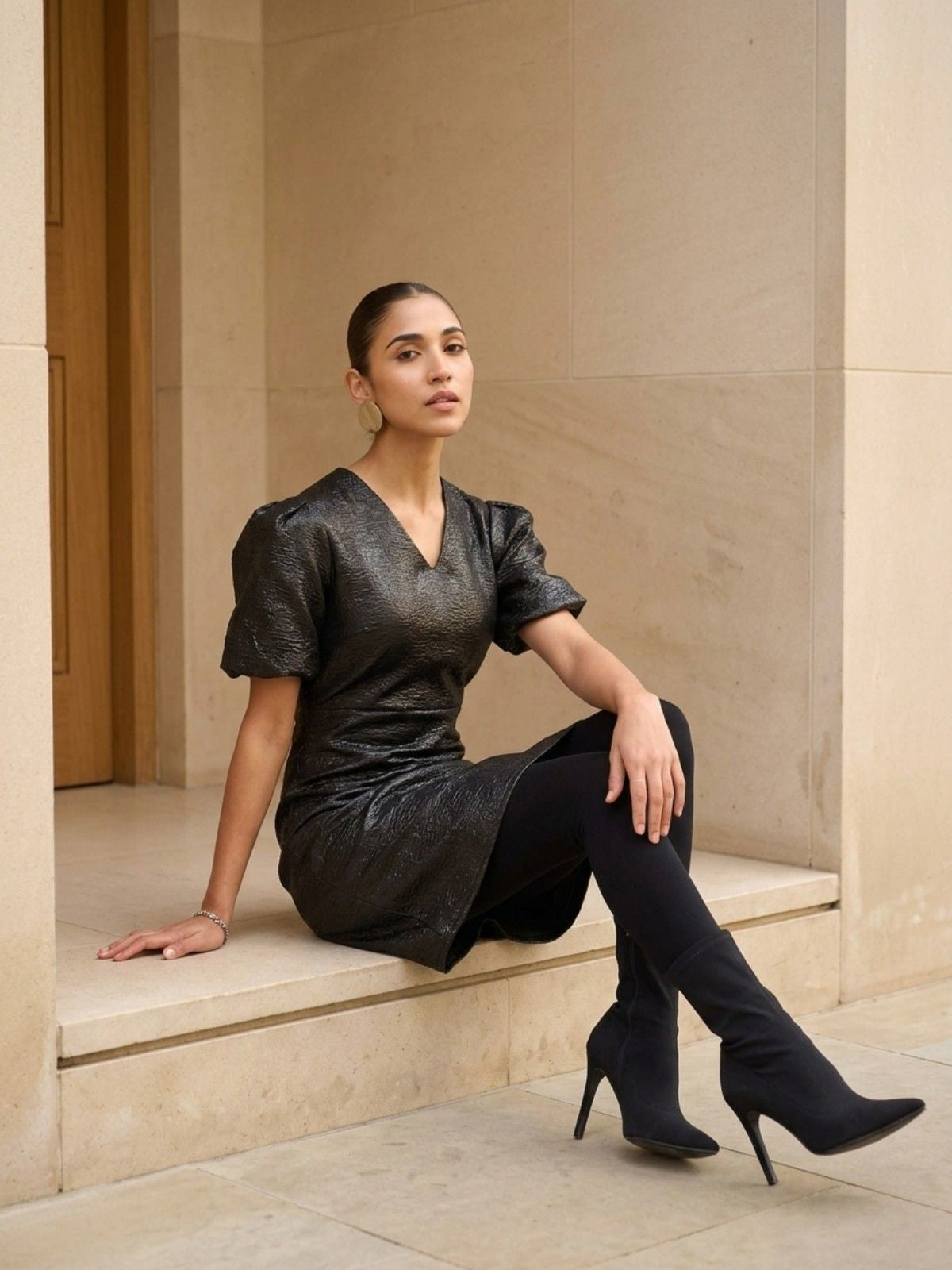 Rebel V-Neck Puff Sleeve Dress - Black