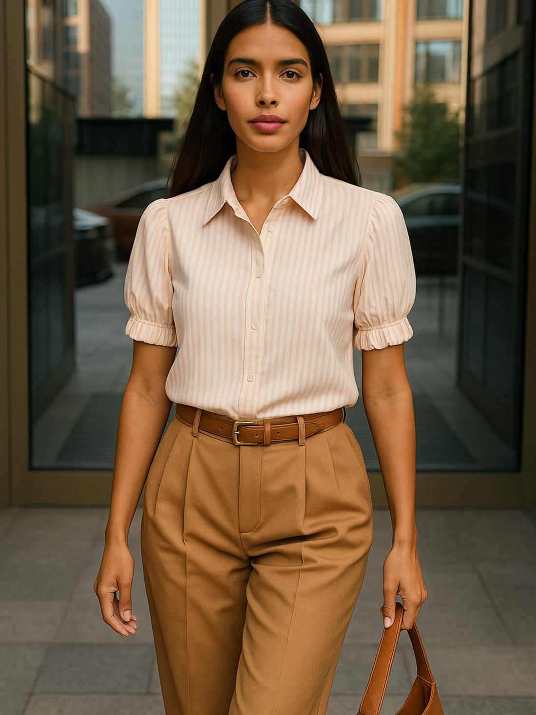 Sabine Short Elasticated Sleeve Shirt - Peach Stripe
