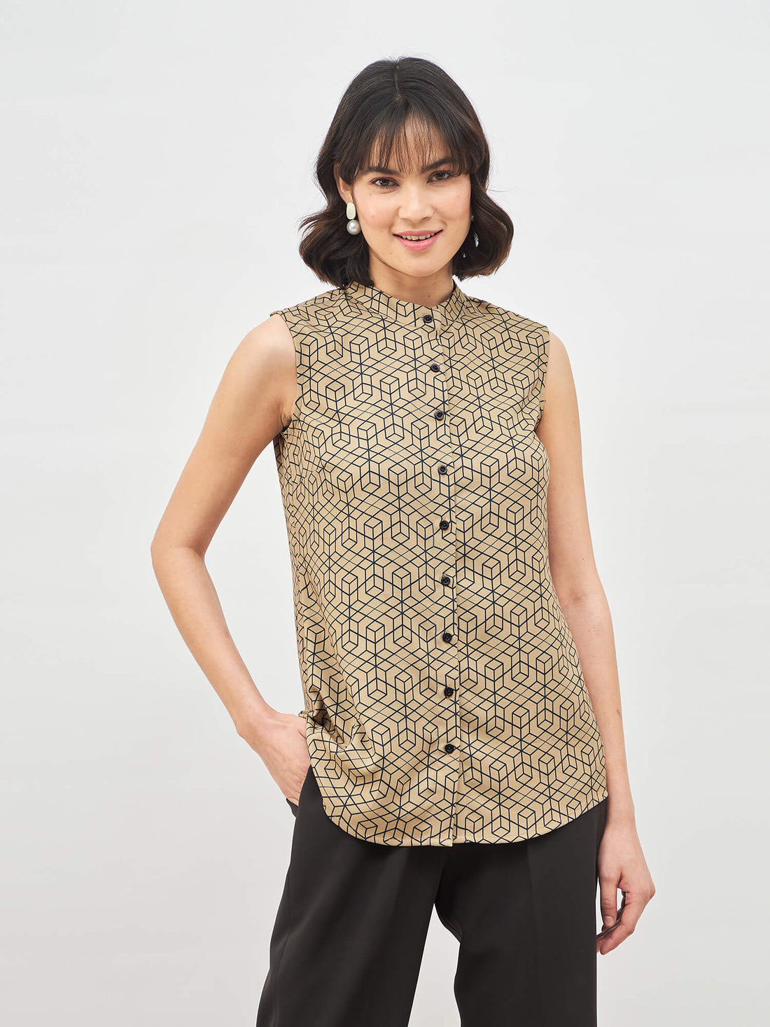 Salient Beige Shirt Geometric Mandarin Collar Shirt - Beige