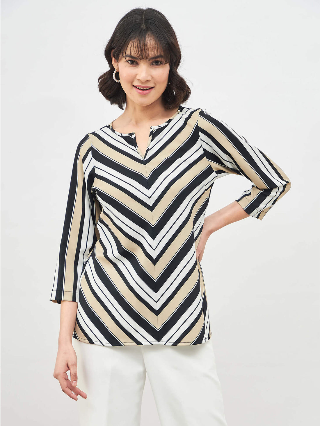 Savvy Top Striped Split Neckline Top - Multicolor