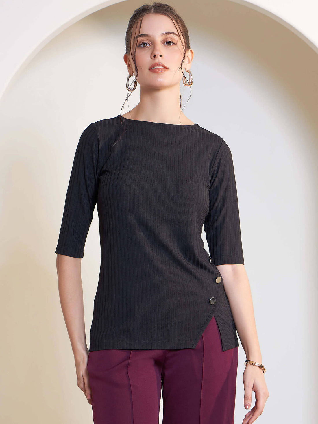 Serena Embellished Rib Knit Top - Black