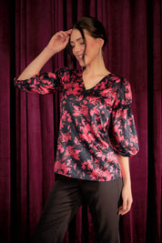 Ambrosia Floral Gathered Sleeves Top - Black/Pink