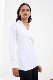 Allure-White Collared Long Top - White